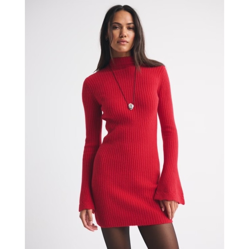 Abercrombie & Fitch Red Mockneck Ribbed Mini Sweater Dress Bell‎ Sleeve Large